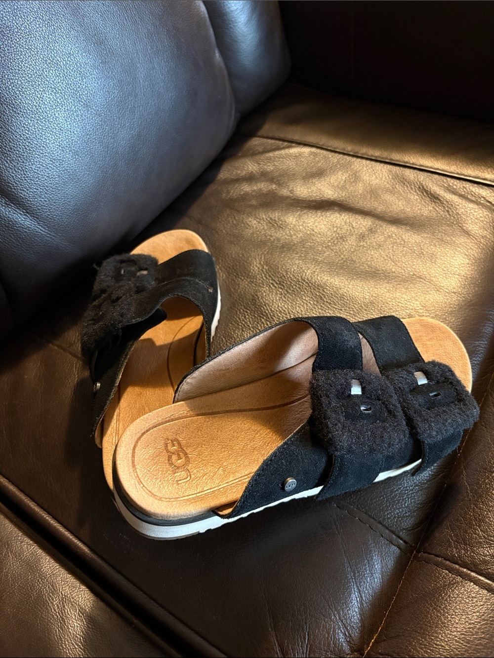 UGG Black Suede Shearling Slides, 2 Adjustable Buckles. Powder Soft Footbed.